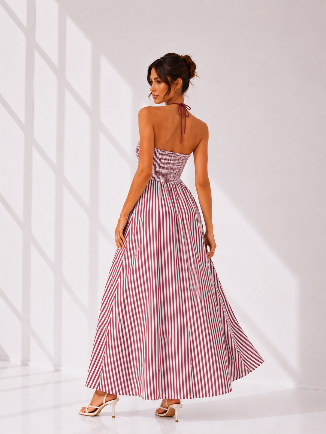 Blue Striped Contrast Trim Halter Neck Maxi Dress