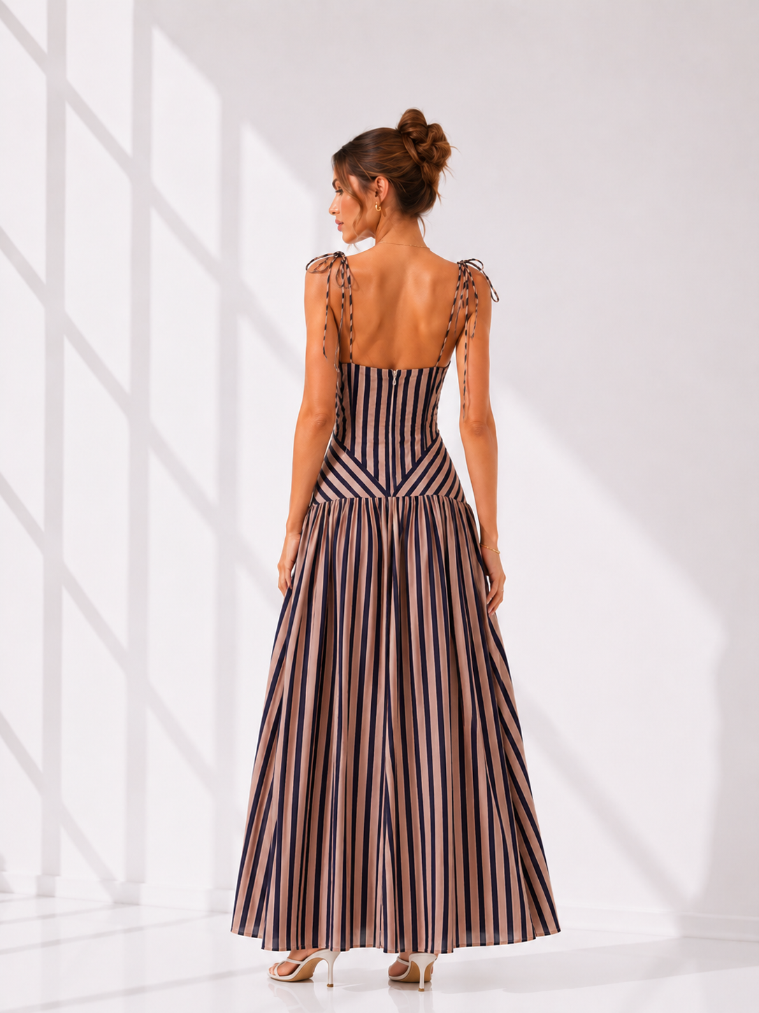 Brown Striped V-Neck Tie-Shoulder Maxi Dress