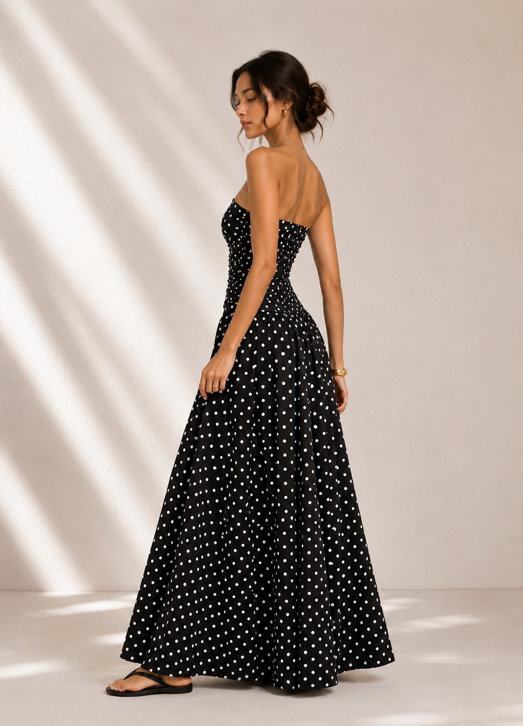 Black Polka Dot Ruched Strapless Maxi Dress