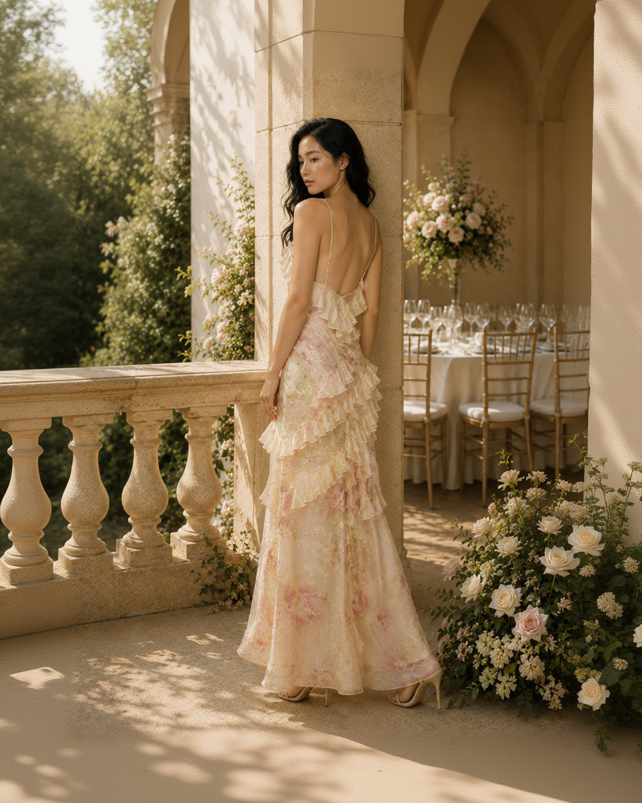 Woman in a floral dress standing on a balcony with floral decorations and tables in the background