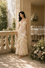 Woman in a floral dress standing on a balcony with floral decorations