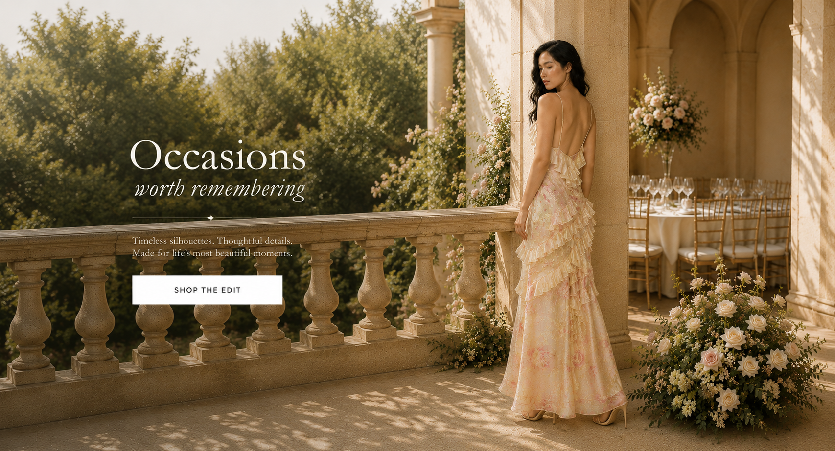 Woman in a elegant dress standing on a balcony with floral arrangements and 'Occasions worth remembering' text.