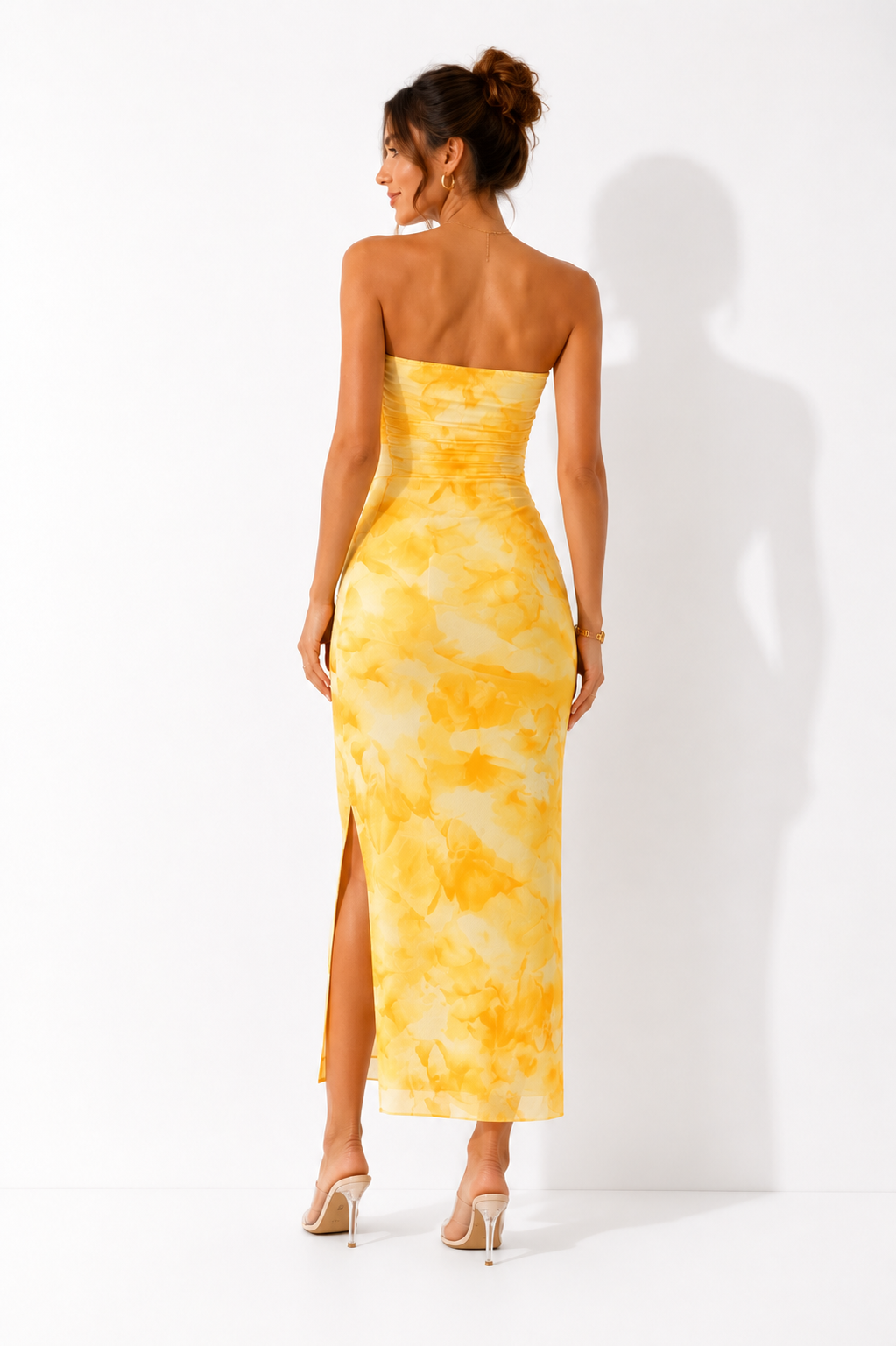 Yellow Tie-Dye Ruched Strapless Maxi Dress