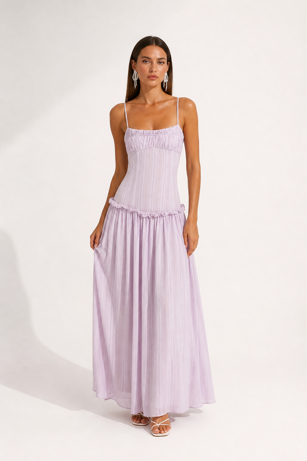 Ruched Spaghetti Strap Maxi Dress in white
