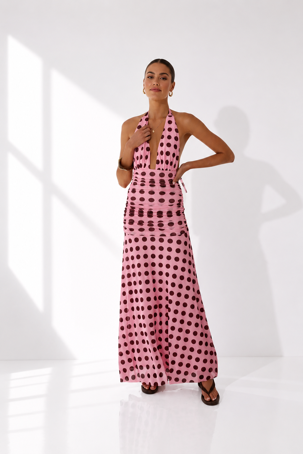 Brown Polka Dot Halter Ruched Maxi Dress | Arkiive Brown Polka Dot Halter Ruched Maxi Dress | Arkiive