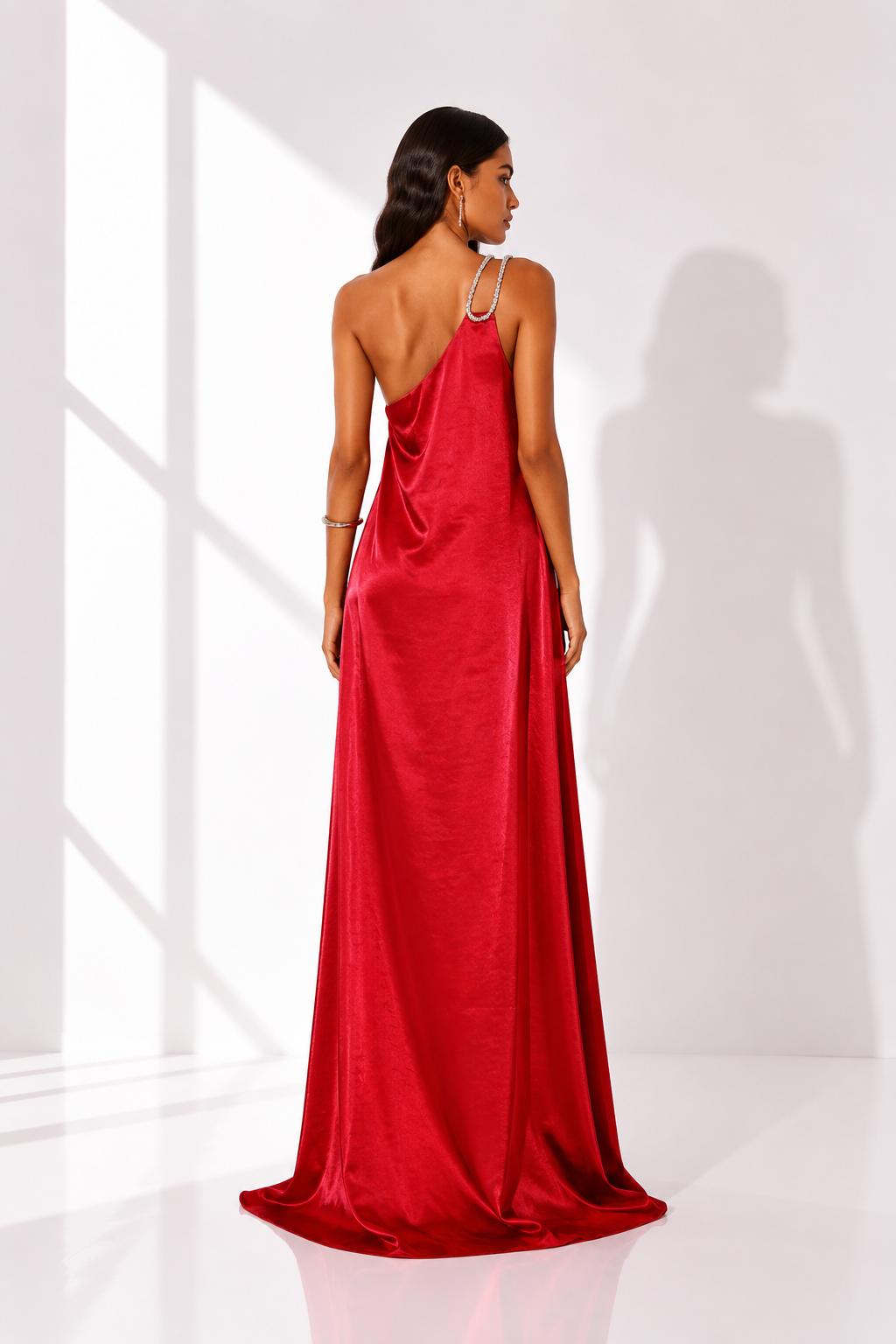 Red Satin Ring Detail One Shoulder Maxi Dress