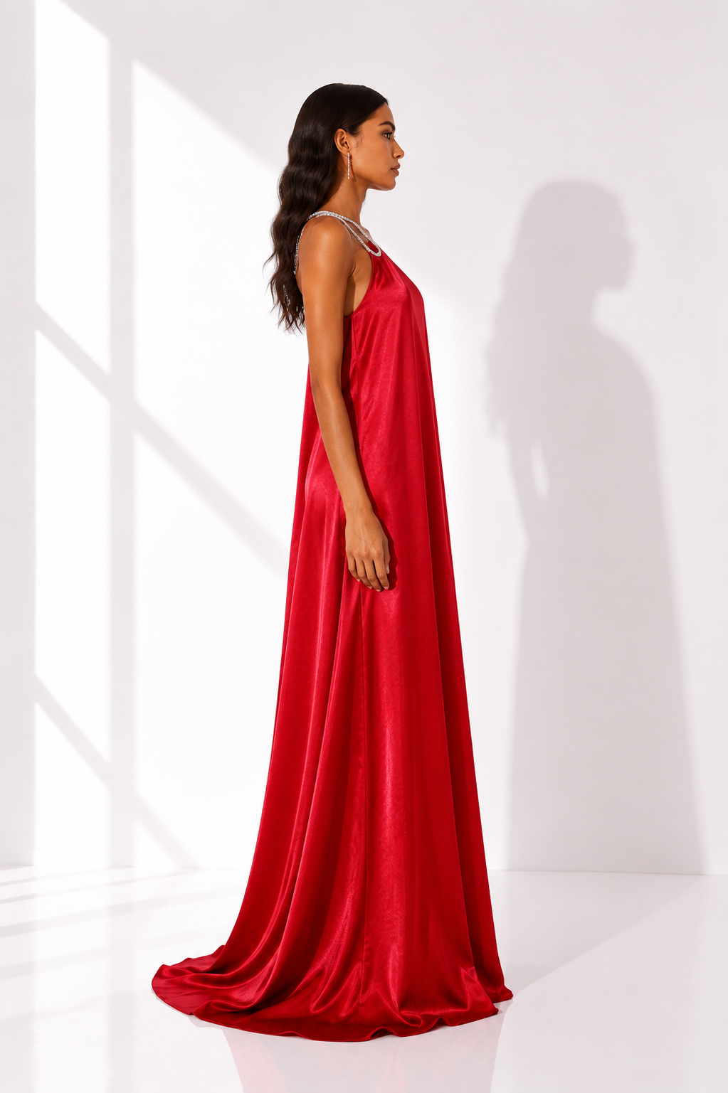 Red Satin Ring Detail One Shoulder Maxi Dress