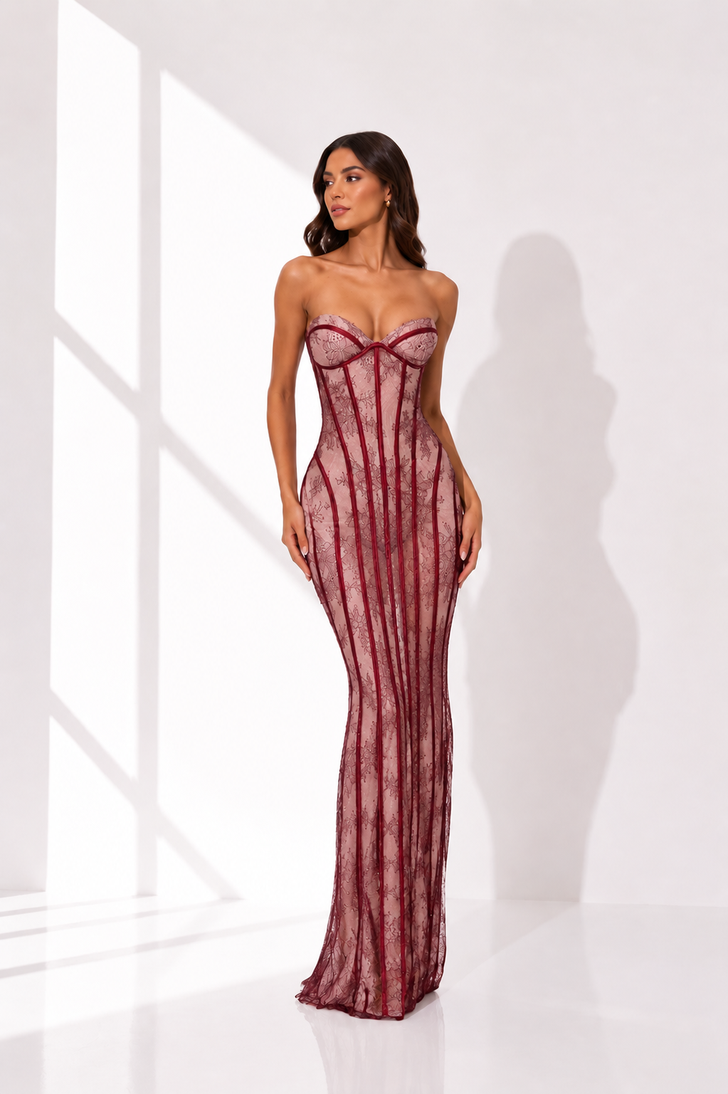 Burgundy Lace Corset Strapless Maxi Dress