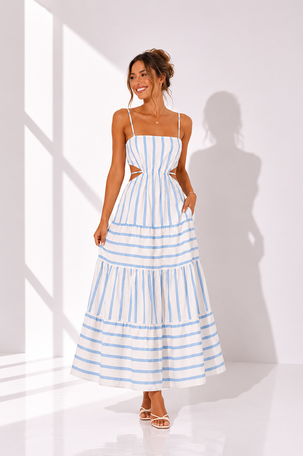 Striped Cutout Waist Tiered Midi Dress