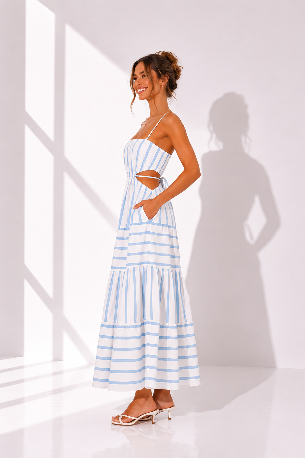 Striped Cutout Waist Tiered Midi Dress