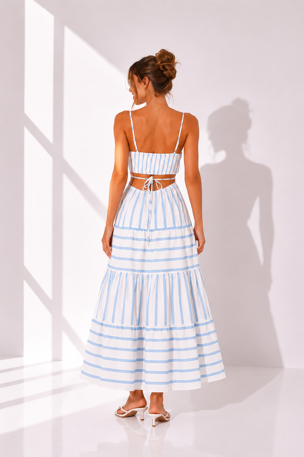 Striped Cutout Waist Tiered Midi Dress