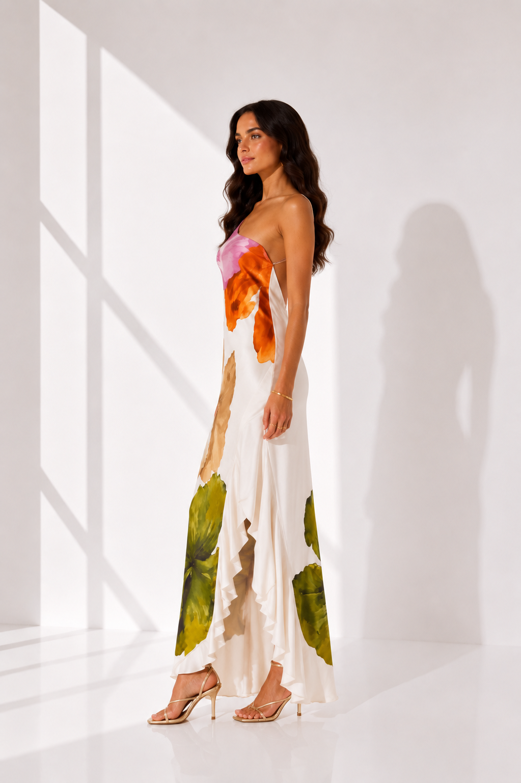 Floral Print One Shoulder Ruffle Hem Maxi Dress