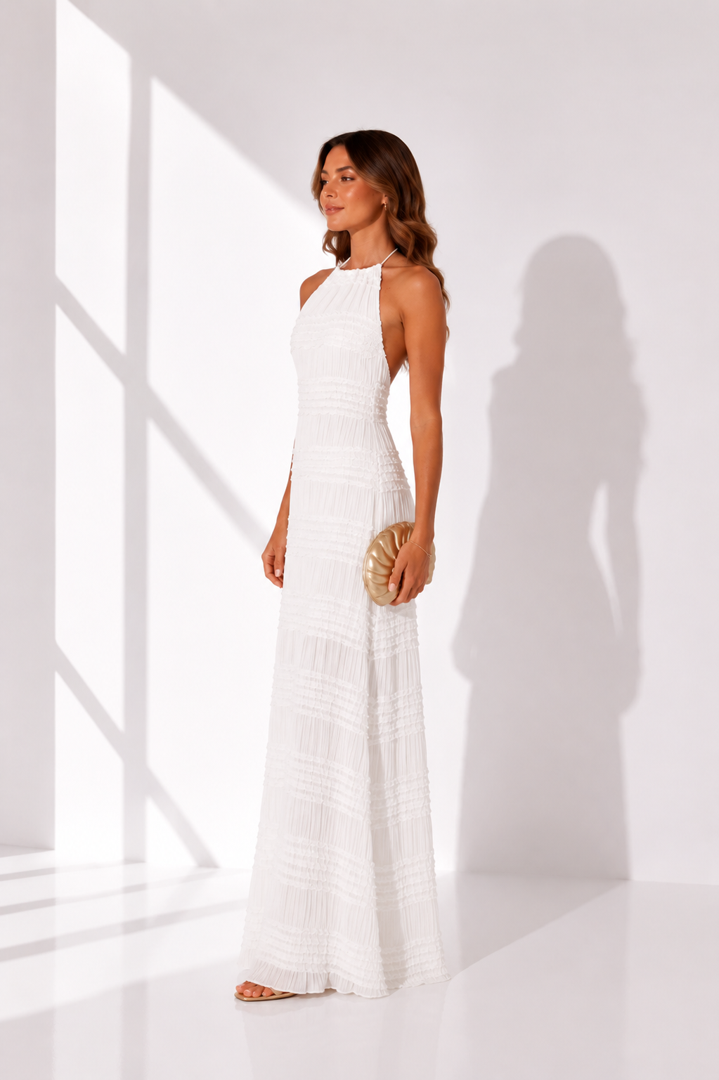 White Ruched Halter Neck Smocked Maxi Dress