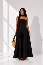Strapless Scarf Neck Gathered Maxi Dress