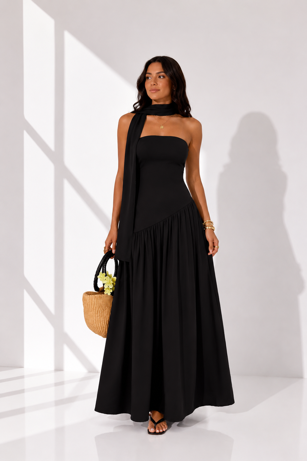 Strapless Scarf Neck Gathered Maxi Dress