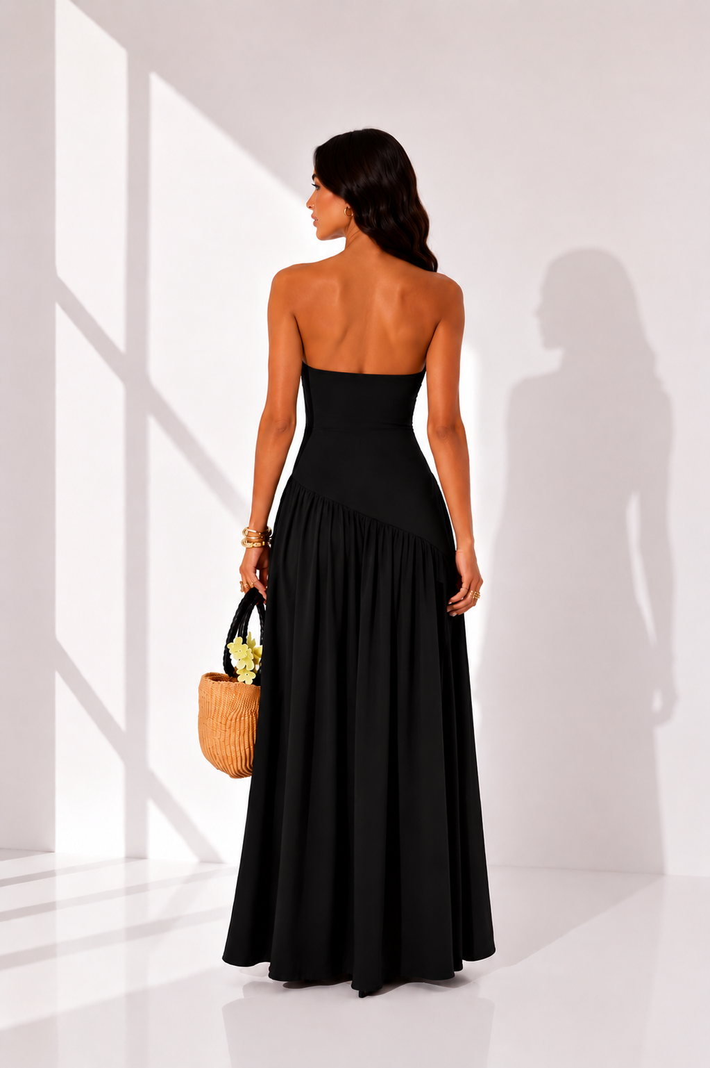 Strapless Scarf Neck Gathered Maxi Dress