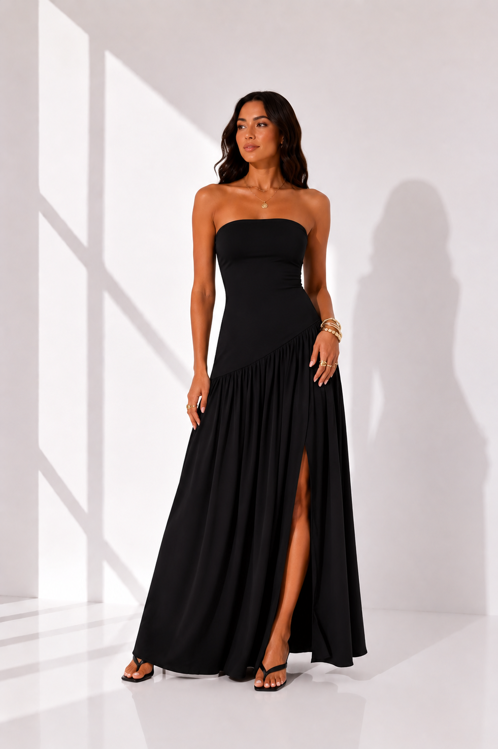 Strapless Scarf Neck Gathered Maxi Dress