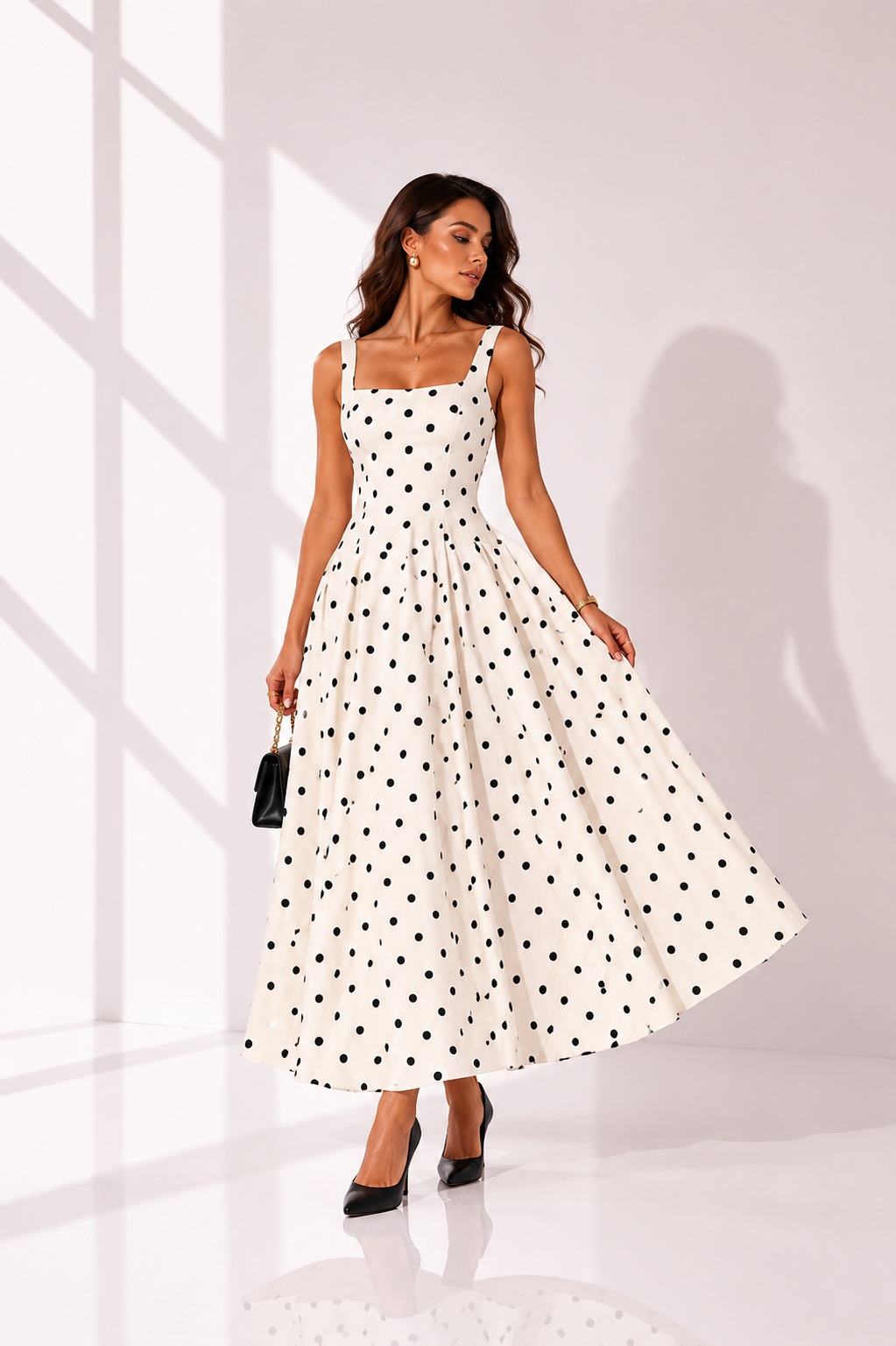 Polka Dot Square Neck A-Line Maxi Dress