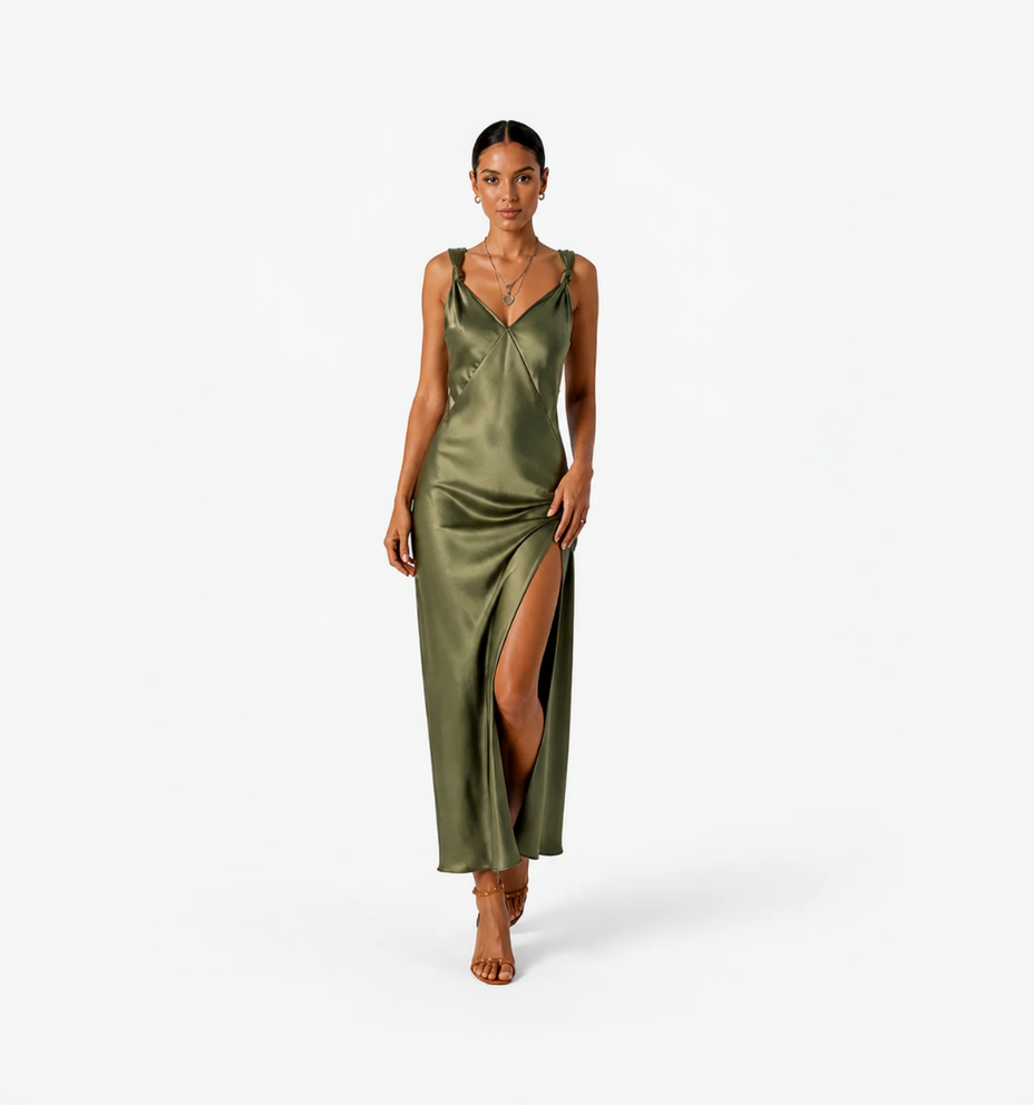 Satin V-Neck Slit Maxi Dress