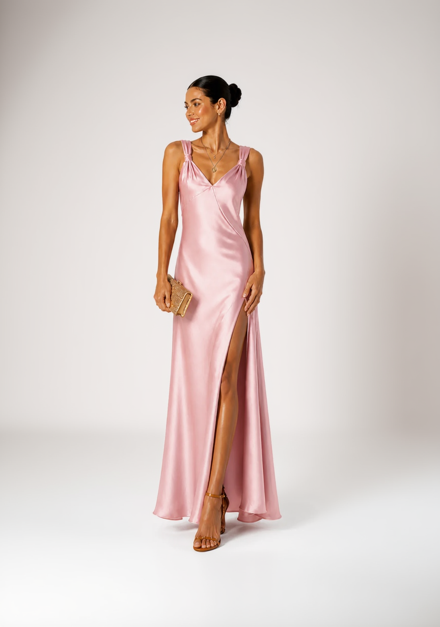 pink Satin V-Neck Slit Maxi Dress