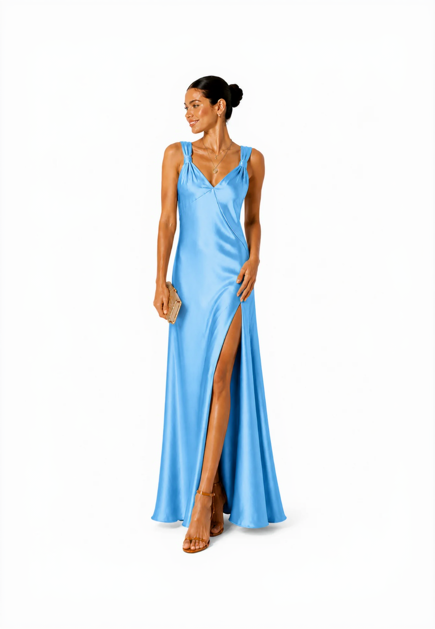 Woman wearing a blue satin gown with a high slit on a white background