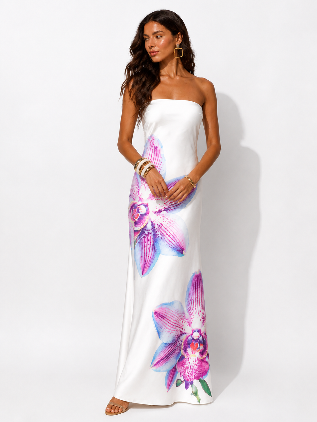 Woman in a strapless floral dress 