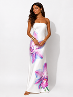Woman in a strapless floral dress 