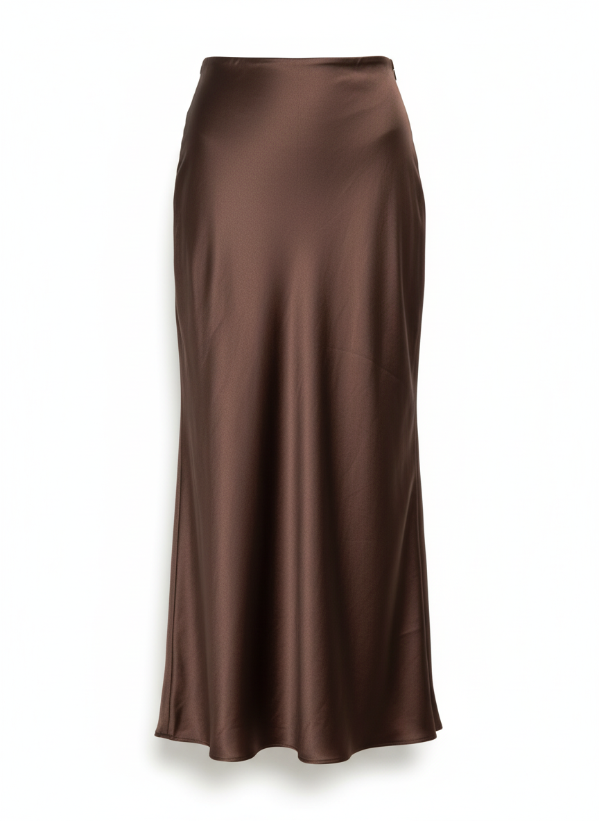 Chocolate Italian Bias-Cut Satin Midi Skirt