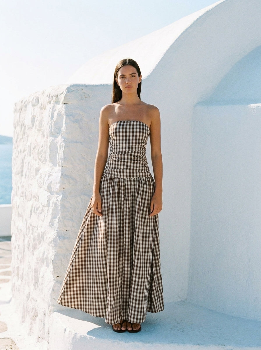 Gingham Strapless Ruched Maxi Dress