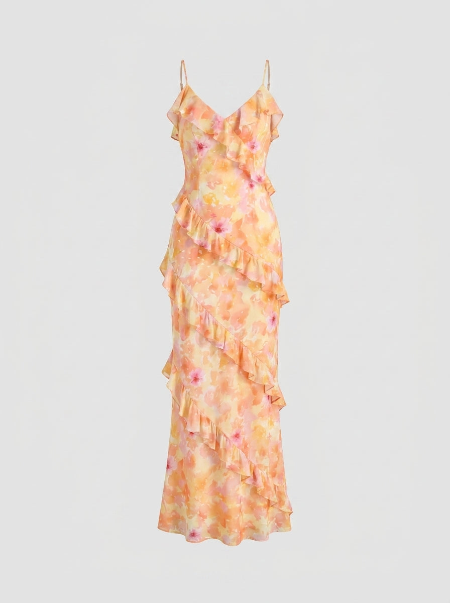 Floral dress with ruffled layers on a white background