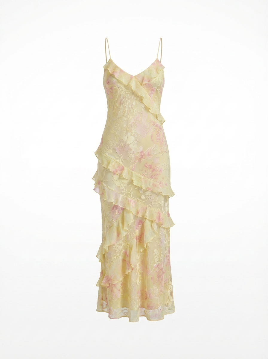Yellow floral dress with ruffled layers on a white background