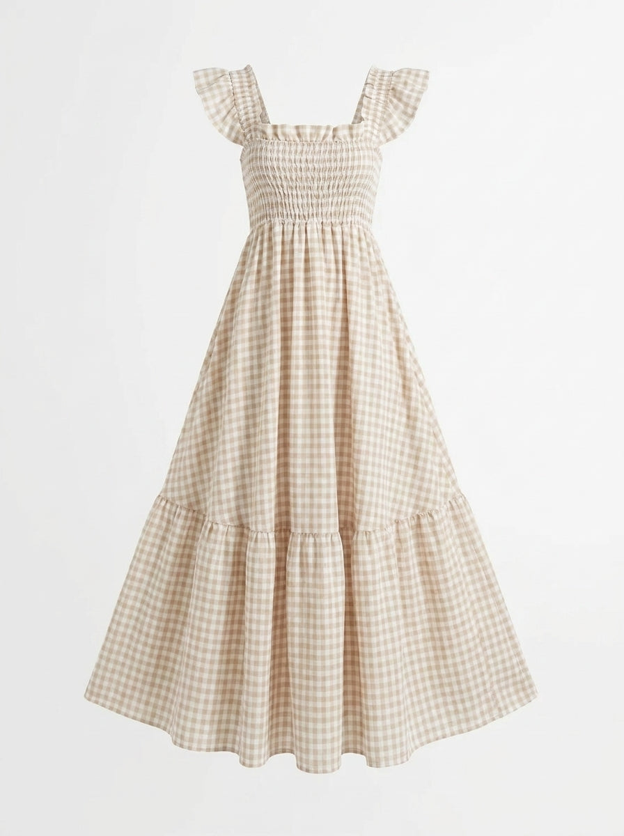 Beige checkered dress with ruffled sleeves on a white background