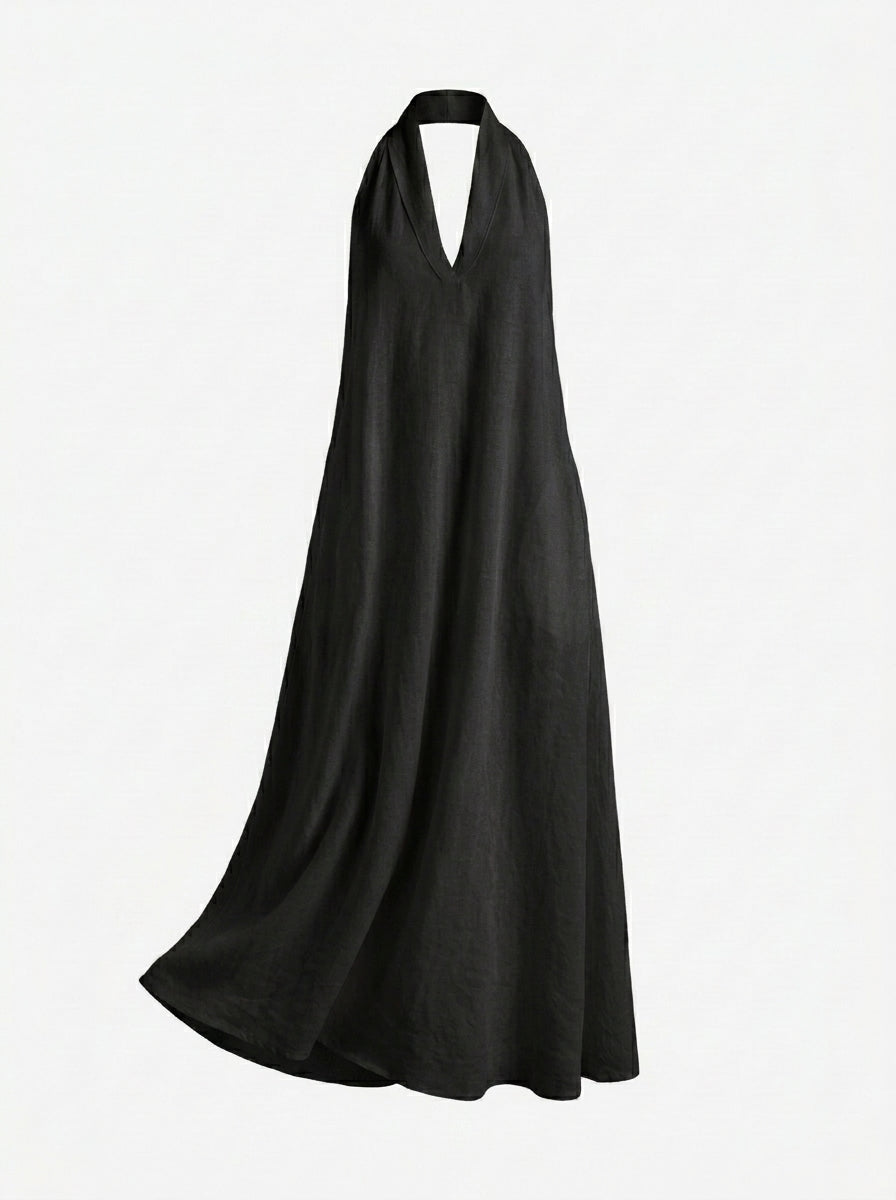 White Halter Neck Maxi Dress with Pockets