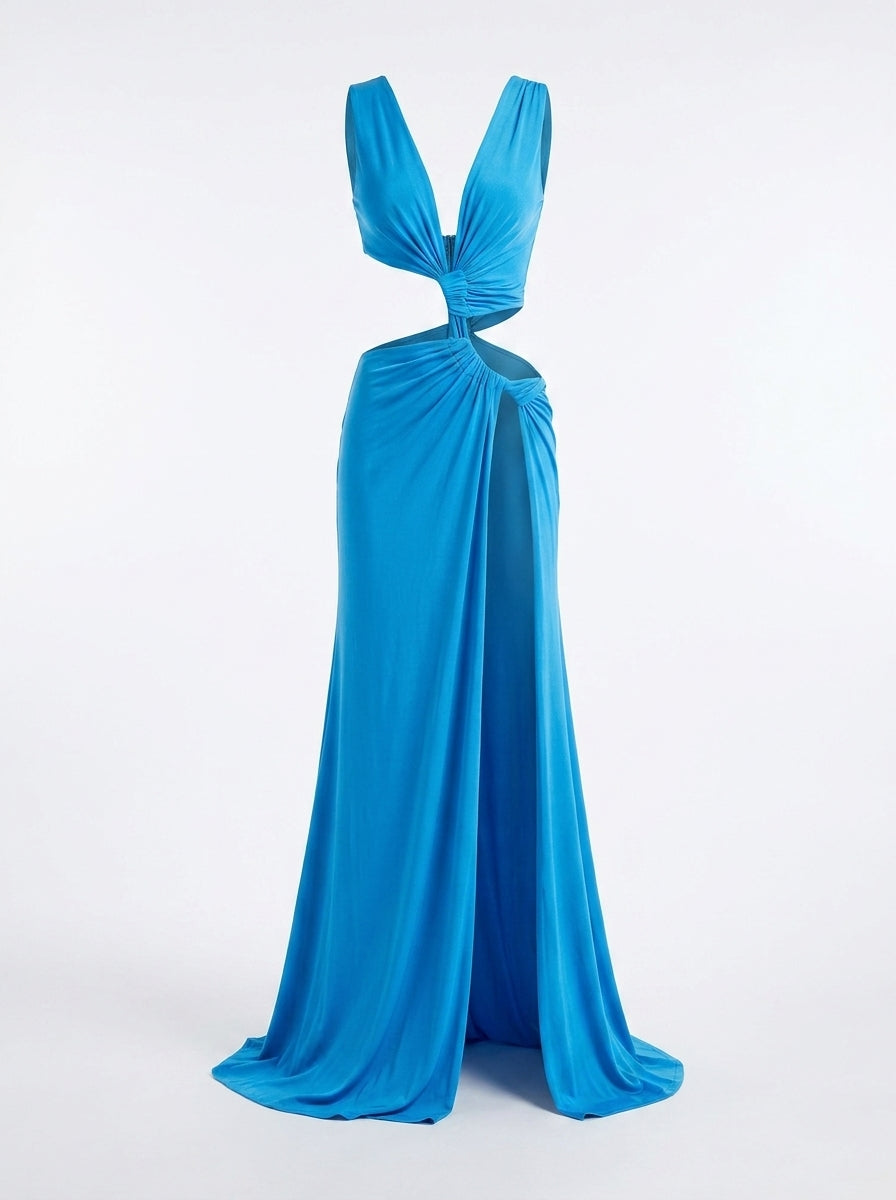 Blue evening gown on a white background