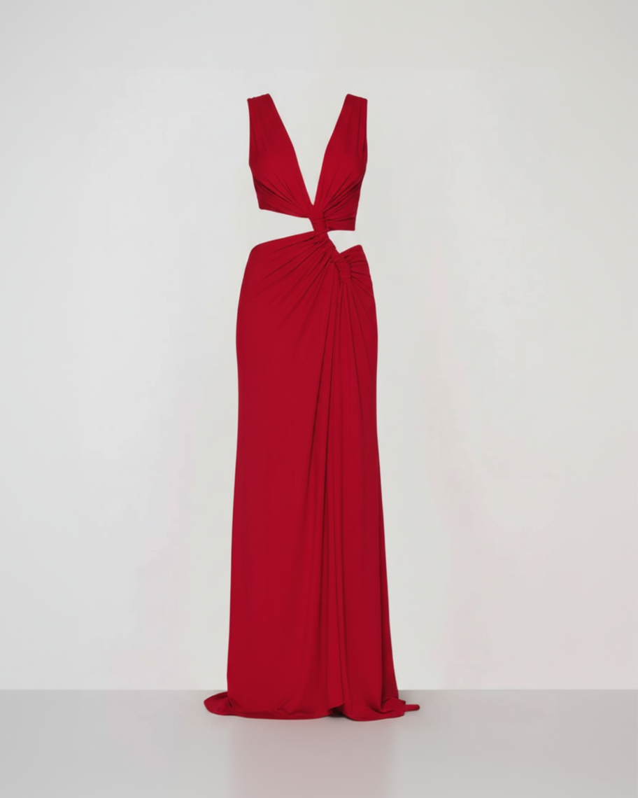 Red evening gown on a white background