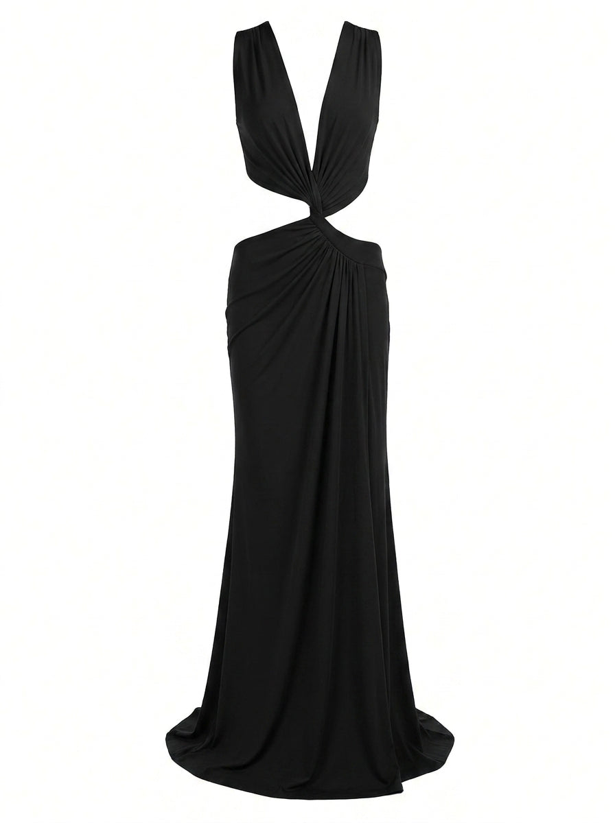 Black evening gown with a deep neckline on a white background