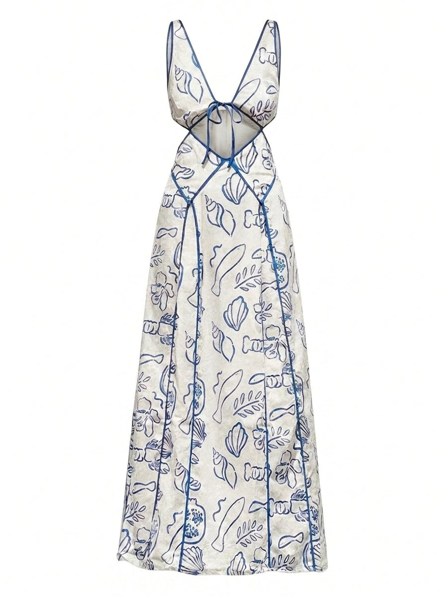 White dress with blue leaf pattern on a white background