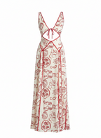 White dress with red floral pattern on a white background