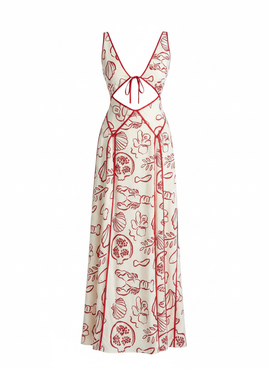 White dress with red floral pattern on a white background