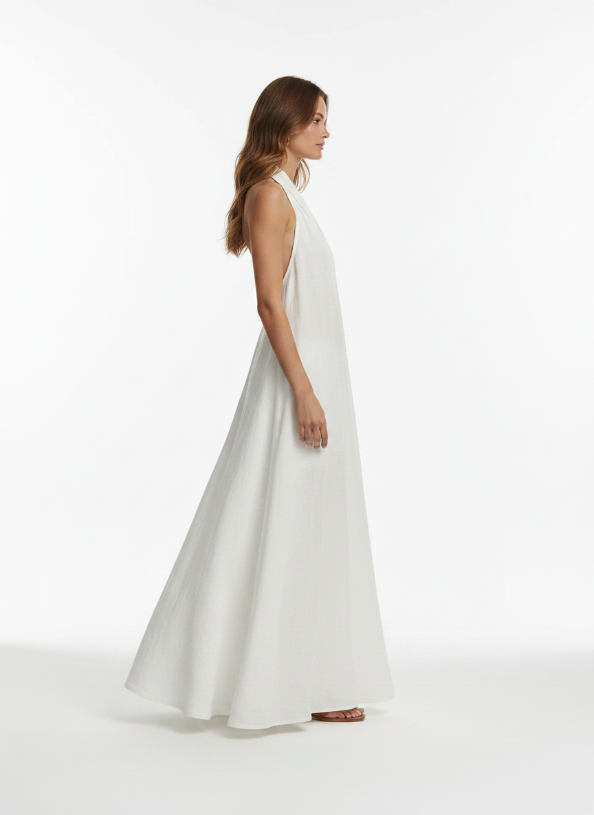White Halter Neck Maxi Dress with Pockets