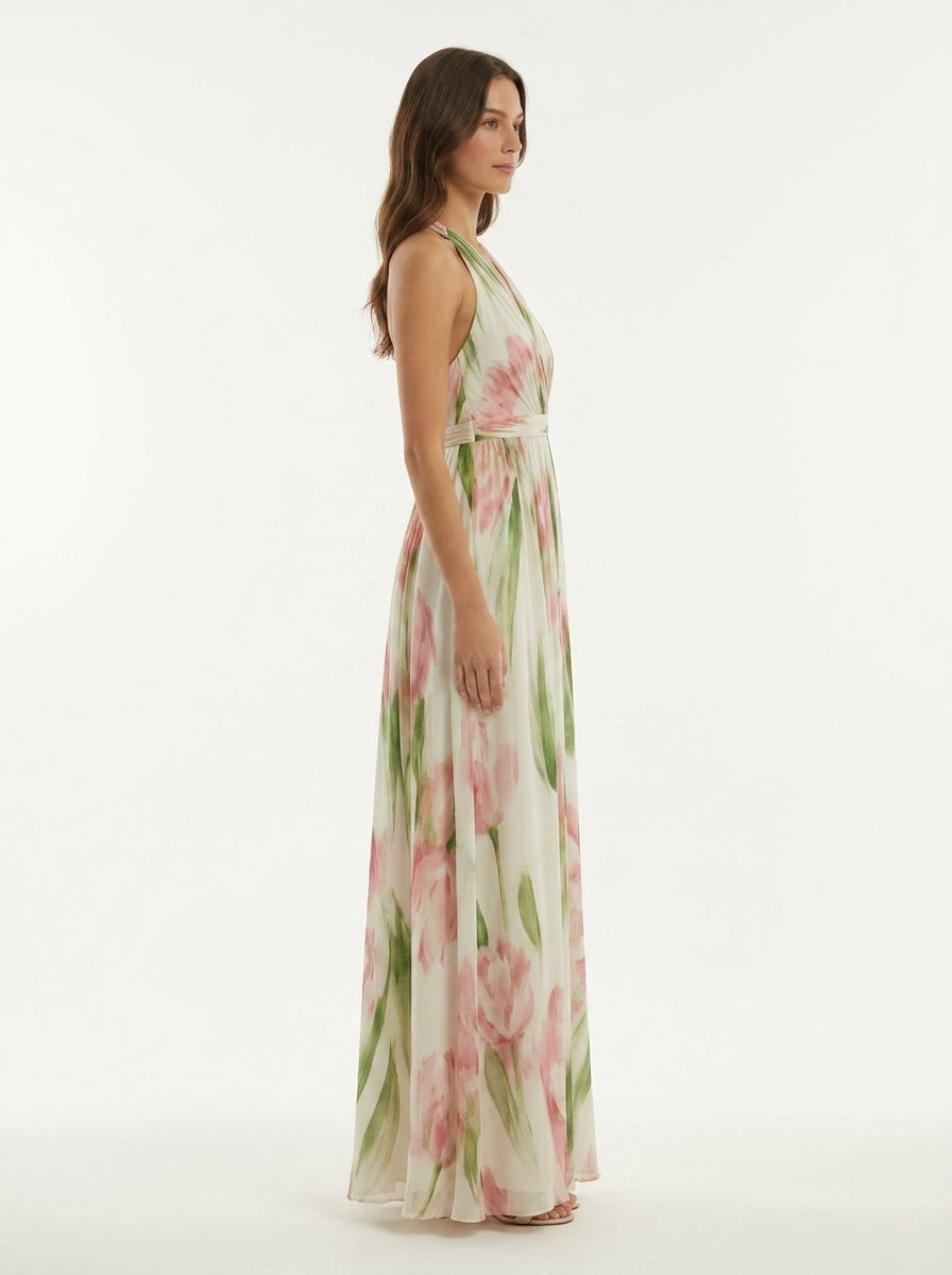 Woman wearing a floral dress on a white background
