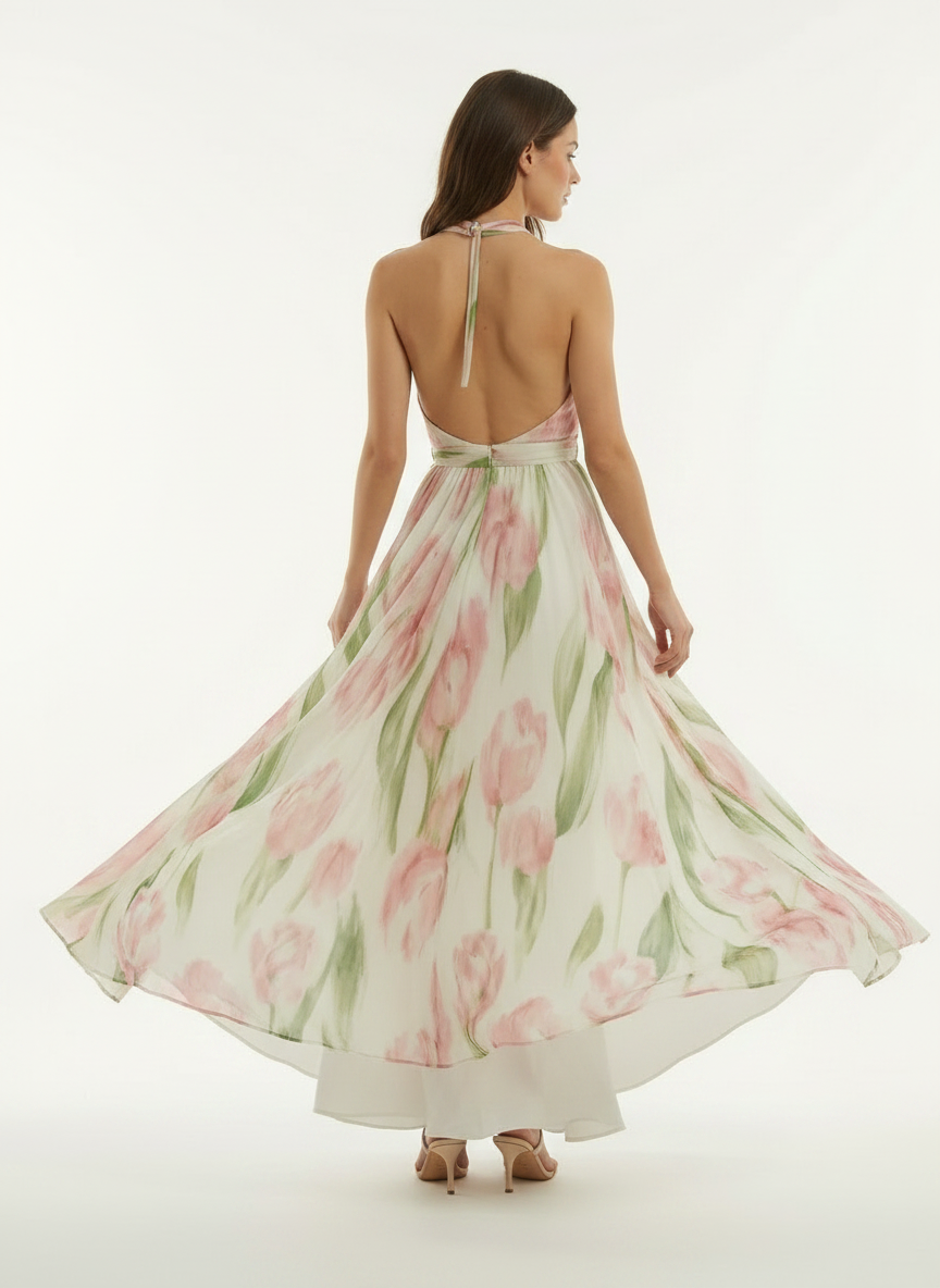 Floral Print Halter Neck Maxi Dress