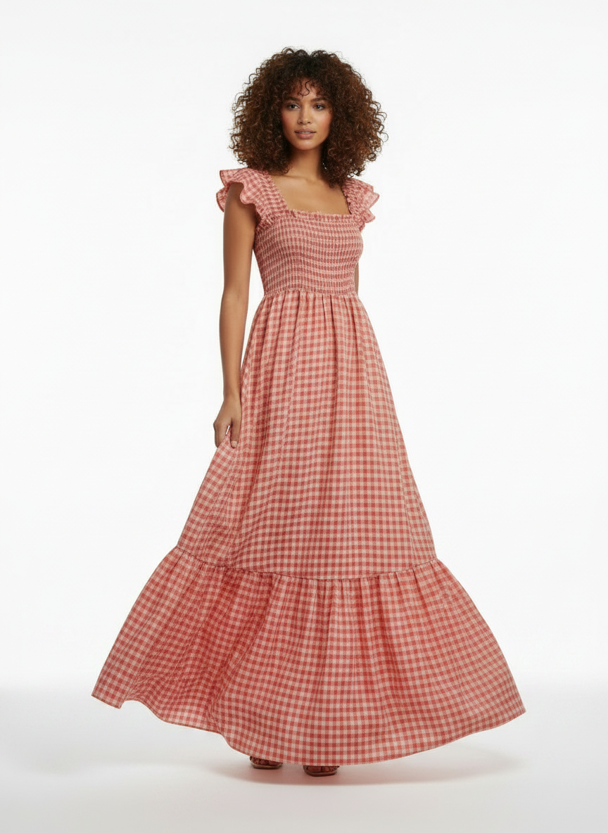 Woman wearing a red checkered dress on a white background