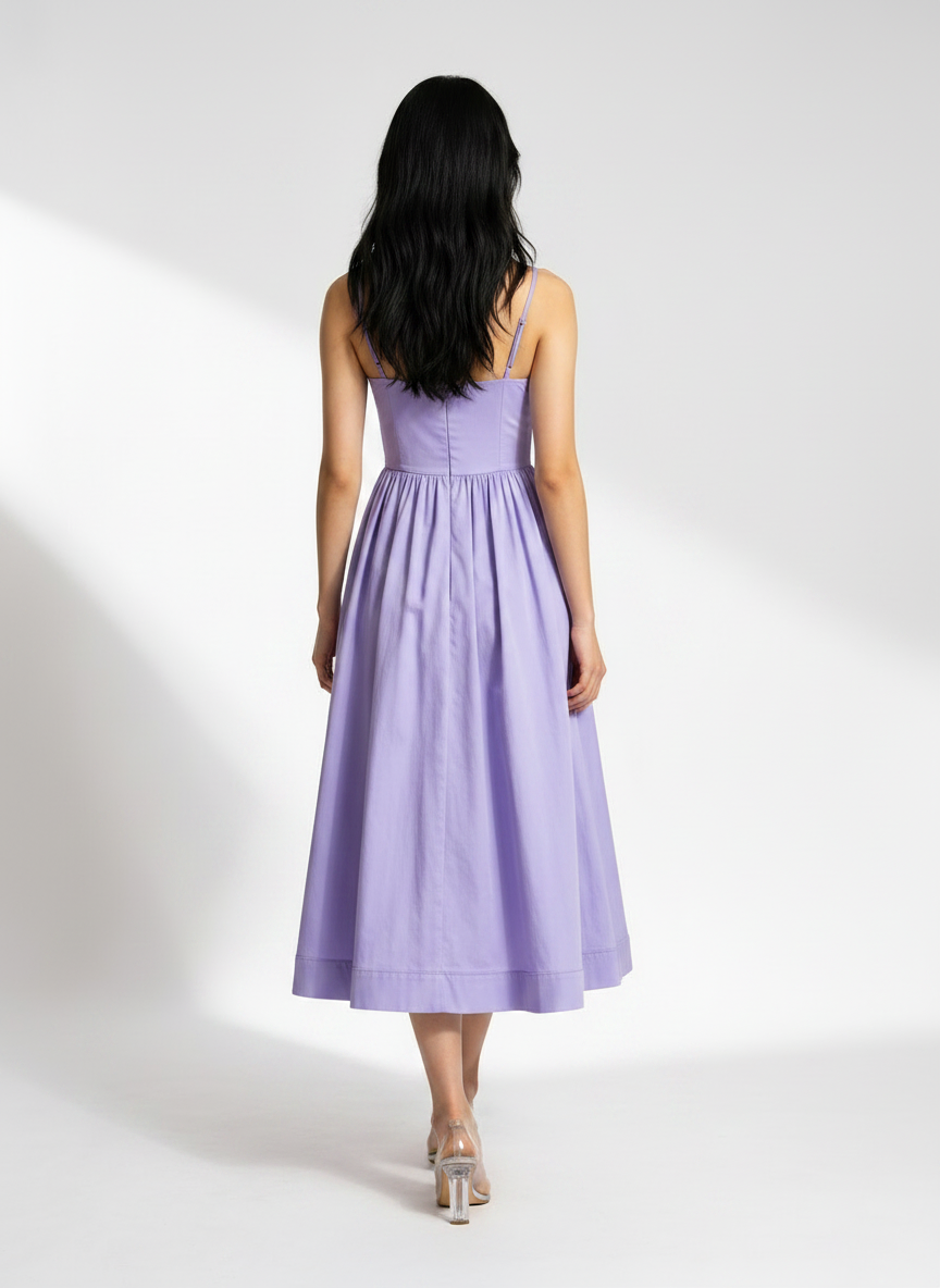 Woman wearing a purple dress on a white background