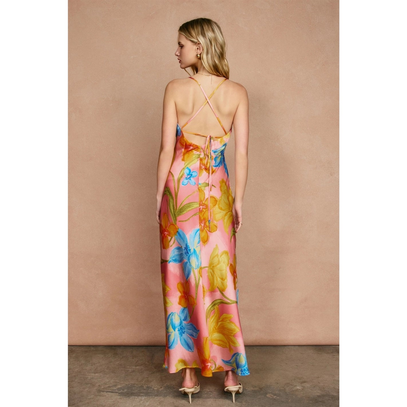 Open-Back Floral Satin Maxi Dress
