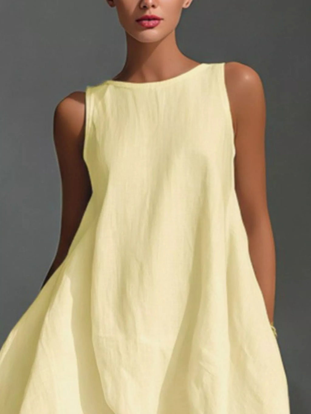 Woman wearing a light yellow dress against a gray background