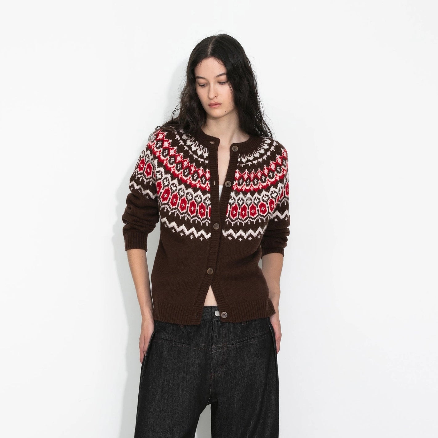 Chocolate Wool Fair Isle Wool Knit Cardigan