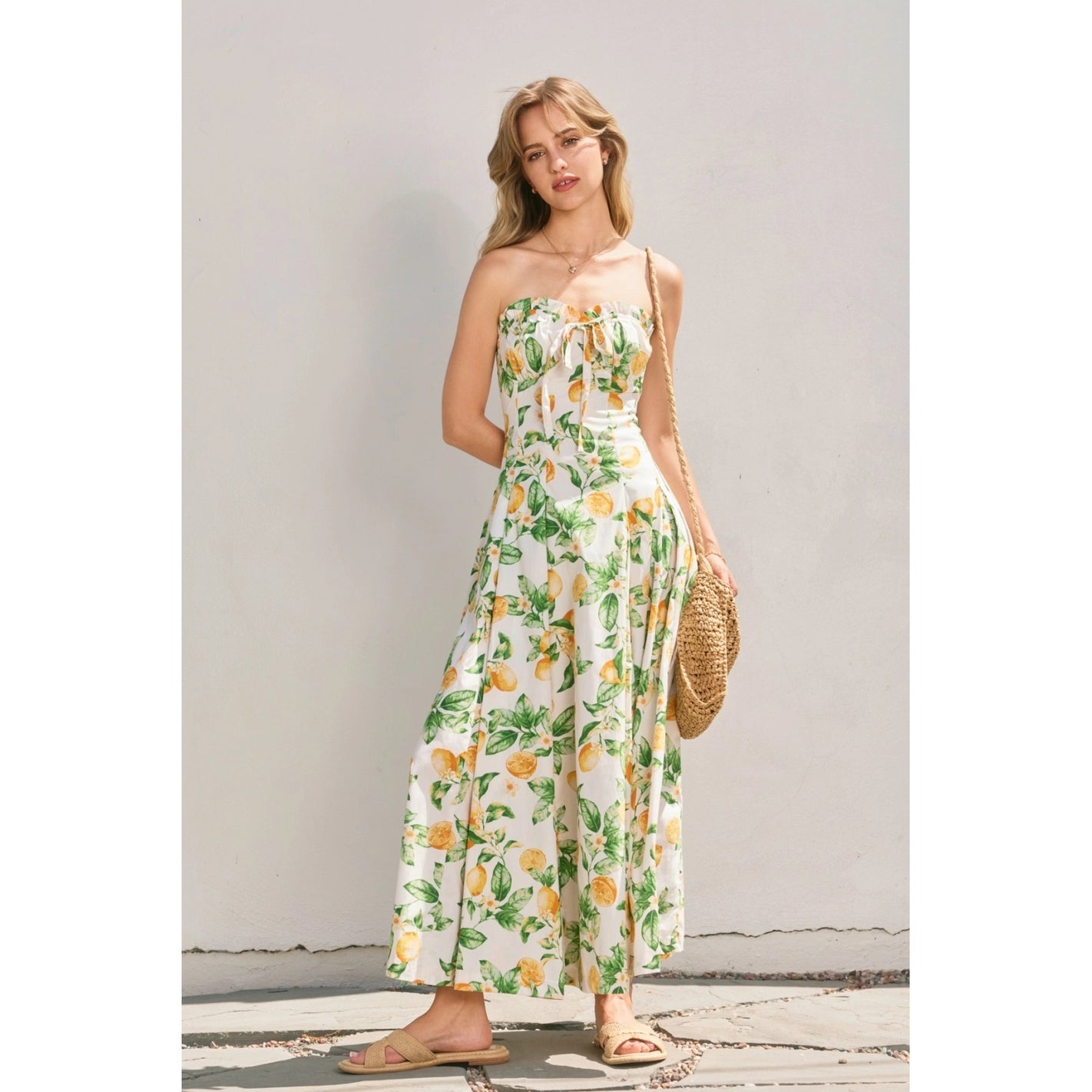 Lemon Ruffle Strapless Midi Dress