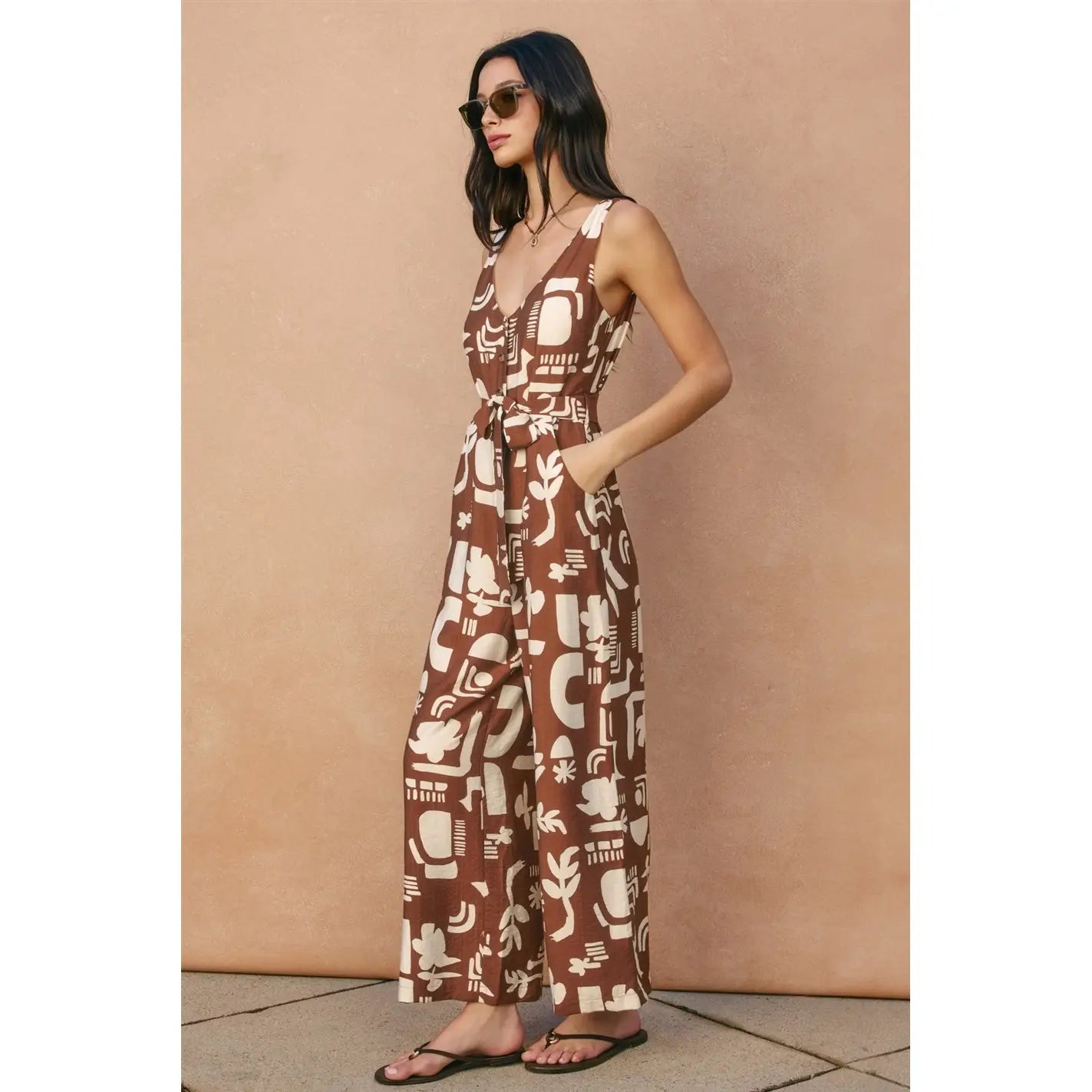 Printed Button-Down Sash Belt Jumpsuit