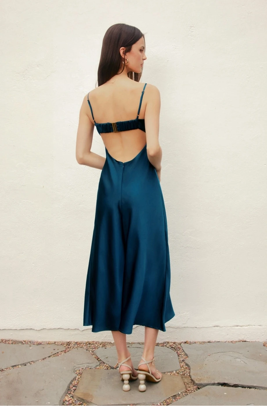 Alice - Blue Satin Lace Trim Slip Midi Dress